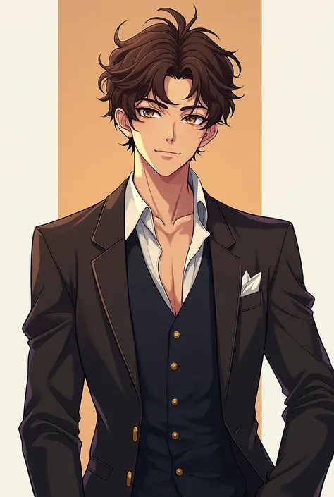 Male anime character version, adult, thin and muscular, impeccable smile,  curly short hair ,  brown eyes ,  Penetrating look , high