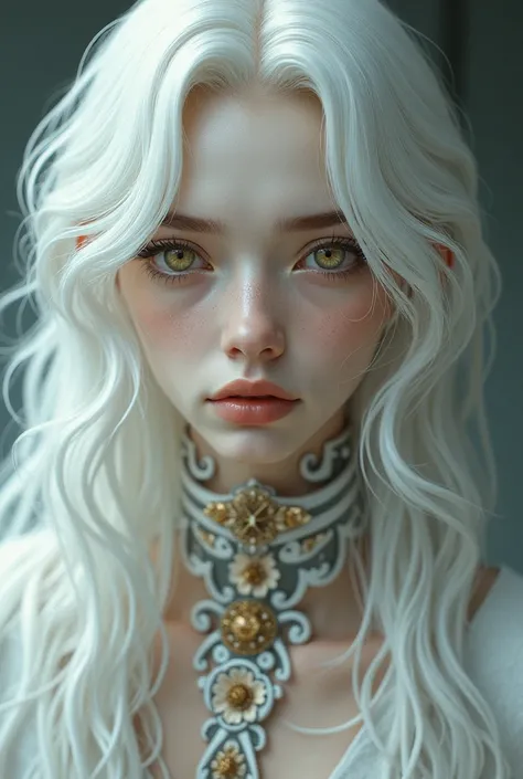 A man with long white hair, golden eyes, pale white skin, a sweet face like a woman, Manhua collar style photo+Realistic