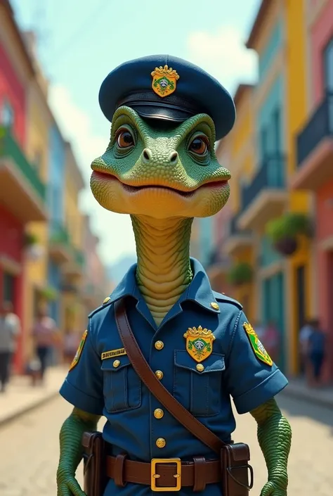 Young small dinosaur.  dressed as a police officer in Brazil 