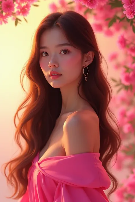 Beautiful demure brown long-haired woman wearing modern pink clothes and bright place