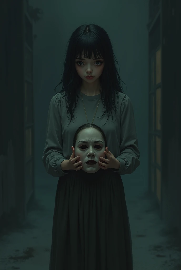 a pretty girl standing in a dark place with her sad face and tears and in her hands holding a mask similar to her face but with an emotion that she is happy