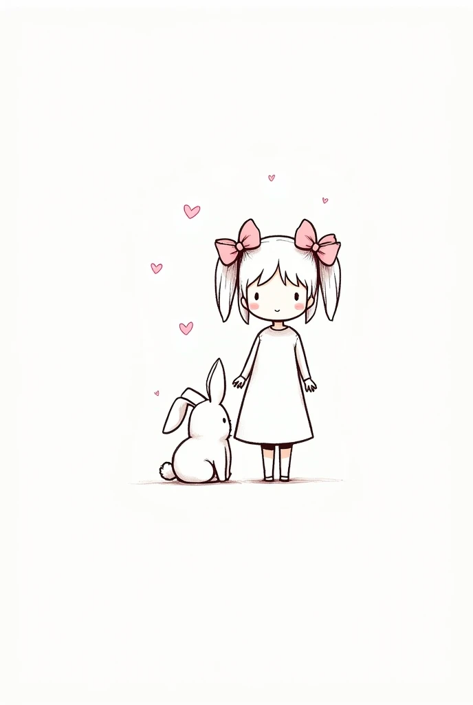 
"A simple and cute line drawing of a young girl with short hair tied into two pigtails with large bows, wearing a flowing dress. She is standing next to a small, chubby bunny sitting beside her. The girl looks curious and thoughtful, while the bunny is ca...