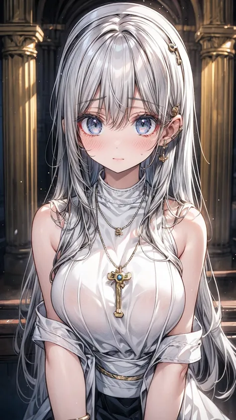 ((flat anime, 2D, 1girl:1.2)), ((12-years old:1.1, loli:1.3)), (silver long hair:1.5), reflective hair, ((focus on face:1.3)), (natural skin:1.3), (natural looking makeup:1.5), (slender:1.4), ((small breast:1.5)), BREAK, ((prayer:1.3)), (necklace, earring,...