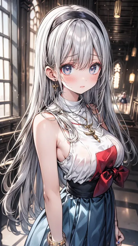 ((flat anime, 2D, 1girl:1.2)), ((12-years old:1.1, loli:1.3)), (silver long hair:1.5), reflective hair, ((focus on face:1.3)), (natural skin:1.3), (natural looking makeup:1.5), (slender:1.4), ((small breast:1.5)), BREAK, ((prayer:1.3)), (necklace, earring,...