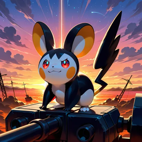 (masterpiece), best quality, solo, creature focus, ((cannon base)) emolga with silver dull-blue red dark-gray and orange color palette


