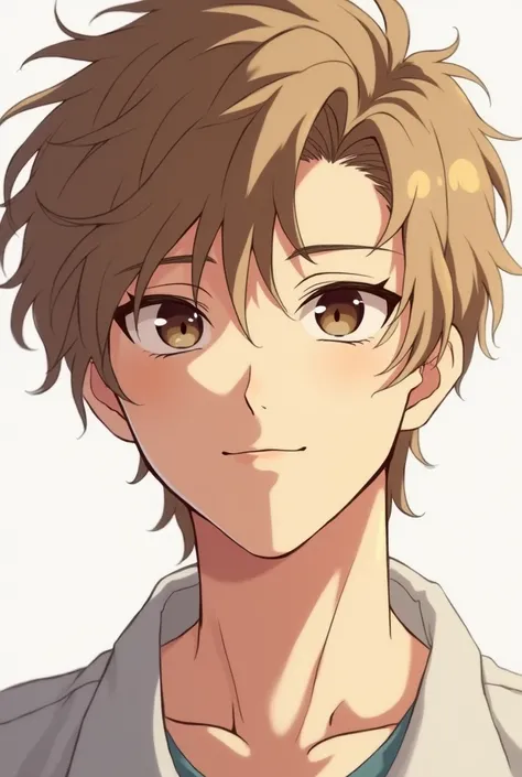 anime character version, maculino, thin and muscular,  dark brown eye, calm and pleasant,  Penetrating look , short light brown and curly hair.