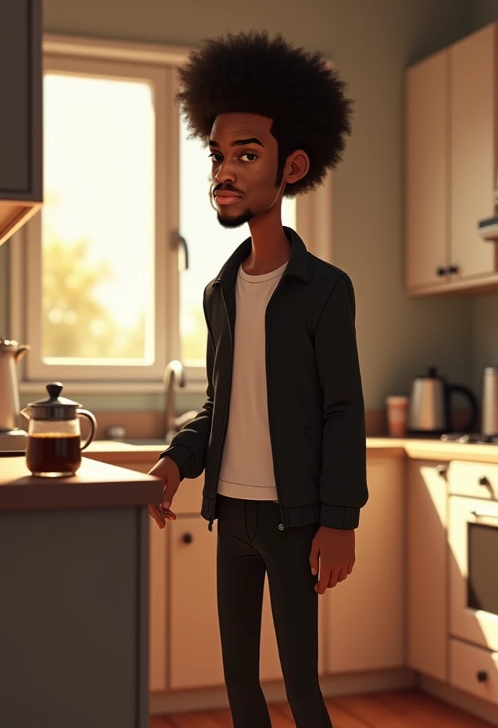 Create a Disney/Pixar-style animated scene featuring a young Black man with a full, thick afro, neatly groomed, accompanied by a small, rounded mustache and a short beard (barbichette). He is of modest height and wears a sleek black jacket over a plain whi...