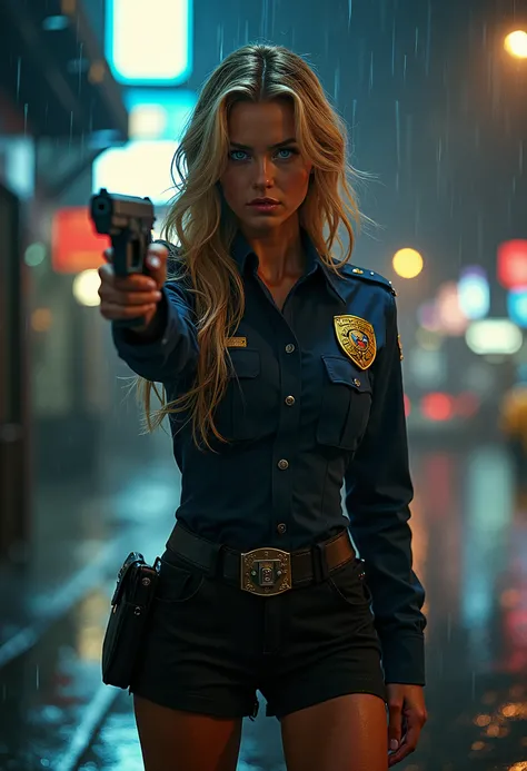 1 Female、American Beauty、Super beautiful、Facial beauty、blue eyes、Standing、New York Police Uniform、mini skirt、Golden Hair、Night Street、Backlight、The wind is blowing、it&#39;s raining、He is looking intently at the barrel of the gun.、Thigh-up shot、pointing pis...