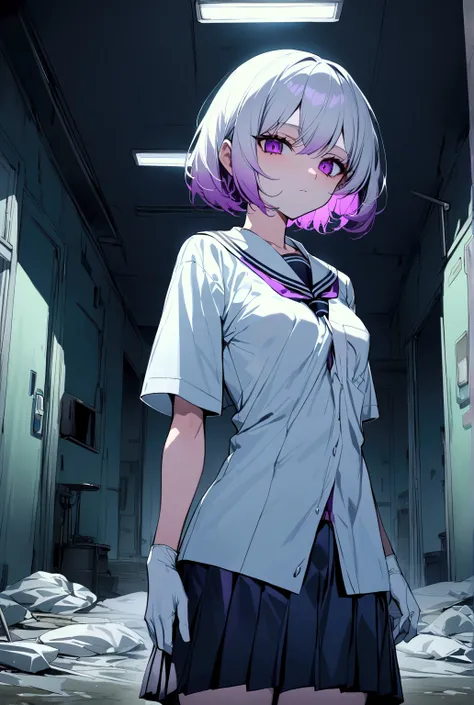 [high quality, best quality], 1girl, solo, dark room, abandoned hospital, operating room, white hair, neon purple hair, gradient hair, short hair, school uniform, looking at viewer, expressionless, arrogant, small breast, tall, 180cm tall, surgical gloves,...