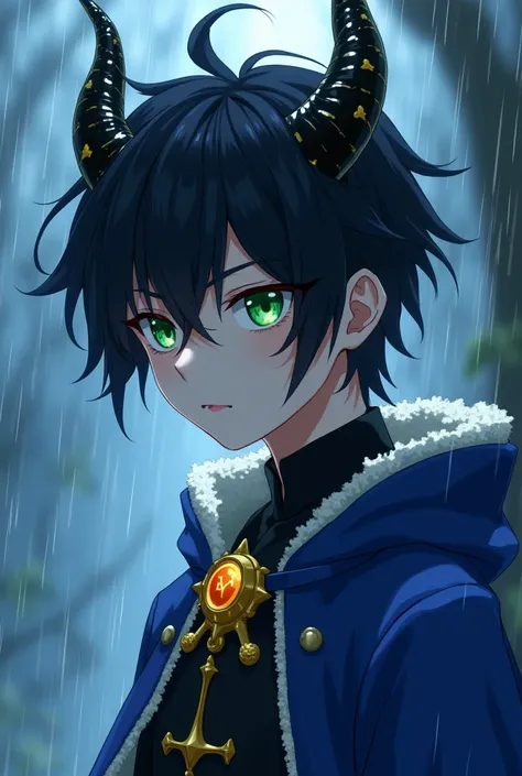  heavenly emo image of a boy from an anime aggressive style detailed .  the boy has a messy and sharp hair a bit on the left side .  his hair is black and with a white patch in the middle .  he wears a very detailed blue Renaissance outfit . He has a very ...