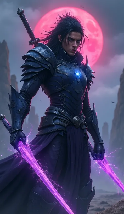  A warrior with intense eyes and sharp hair , radiating a dark and powerful aura .  His futuristic armor is frayed by battles ,  reflecting a cold glow under the light of a bloody moon .  Rays of purple and blue energy emanate from his hands ,  distorting ...