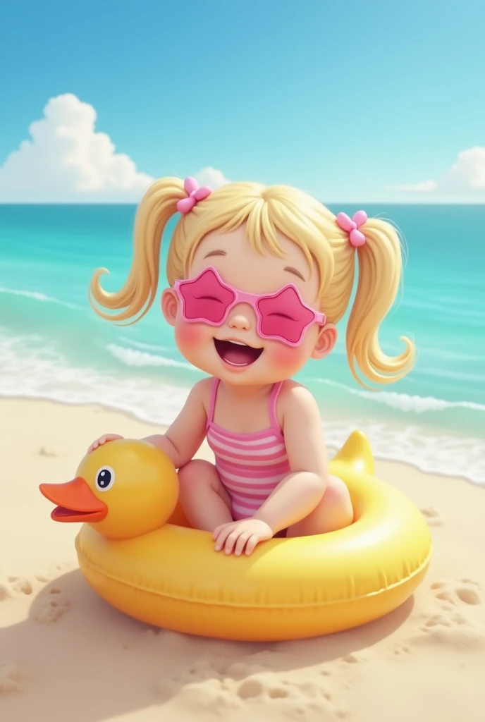 Beautiful, very sturdy  Korean baby, she has blonde hair, wears two pigtails, she's at the beach, she's wearing a swimsuit and some pink star-shaped sunglasses, He is wearing a duck float and laughs madly he is happy to see the sea and in the sand and in t...