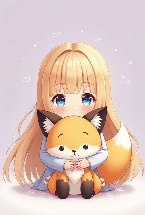 Anime Style, Anime, 1 girl four years old in a little light lilac dress shyly hug one of her stuffie anime Kitsune,blone long hair  blue eyes , Kitsune ,Kitsune and ears 