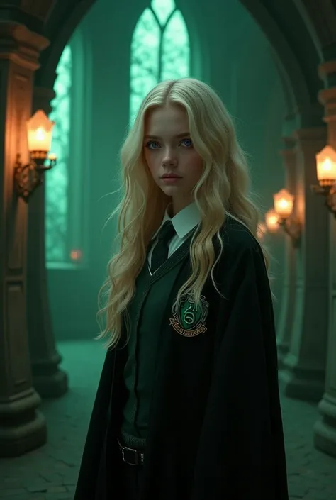 Slytherin student long blond hair and purple eyes 
