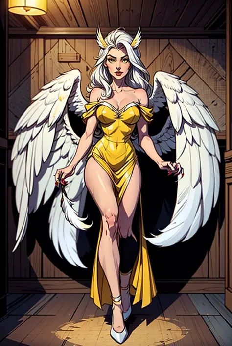 Create a young woman, in her 30 years old with yellow eagle eyes and owl ears with white feathers. With delicate face and mesmerizing body. White long hair. Beautiful. With white owl wings on her back and claws on her fingers. Wearing a yellow dress. Full ...