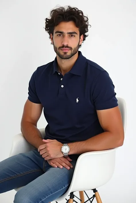  Young Italian man tall muscular hair curly middle wet The navy blue clothing  (dark tone ).  The poses can be varied ,  Ralph Lauren polo shirt navy blue but it is important that the style is clean and professional, White background ,  sitting in a white ...