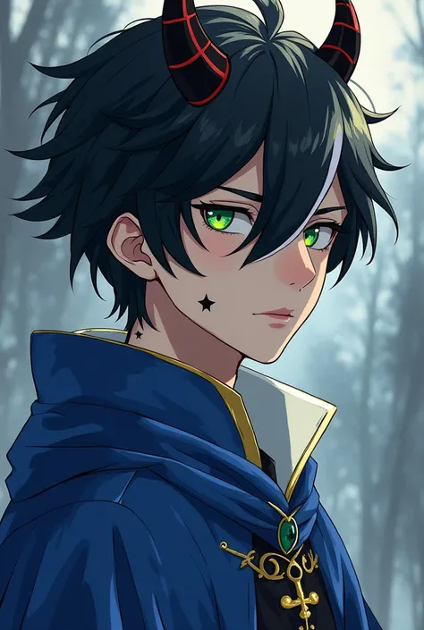  heavenly emo image of a boy from an anime aggressive style detailed .  the boy has a messy and sharp hair a bit on the left side .  his hair is black and with a white patch in the middle .  he wears a very detailed blue Renaissance outfit . He has two dem...