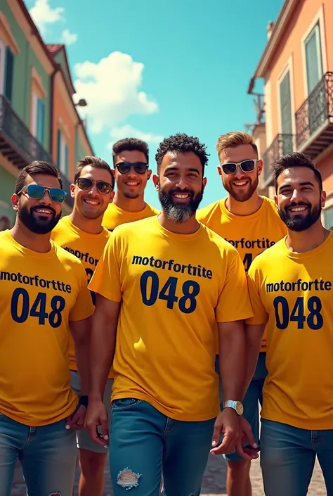 Create an image of gay men wearing a yellow shirt written motorforte048