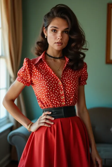  young woman  ( front photography ) 1950-1960:  The Rockabilly Style and the Renaissance of Women's Fashion

Predominant style:  Femininity and rebellious youth .

    Women: Flared skirt,  dresses with a marked waist and high neck blouses . O look "pin-up...