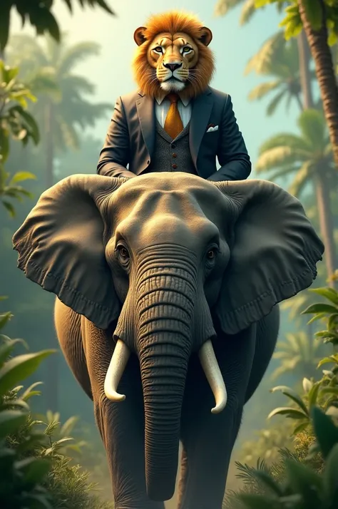 Lion in a suit riding on top of an elephant 