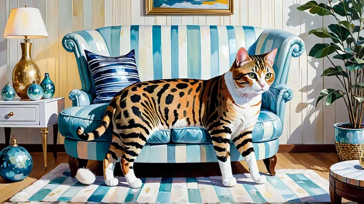  My journey with a cat, acrylic , spatula ,  big spots , mother-of-pearl ,    very clear color range  ,    winter outside the cozy New Year's living room with a big cat,  fat and fun with stripes 