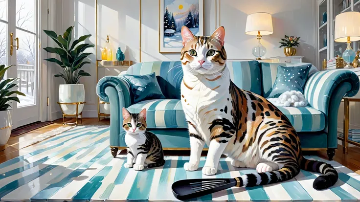  My journey with a cat, acrylic , spatula ,  big spots , mother-of-pearl ,    very clear color range  ,    winter outside the cozy New Year's living room with a big cat,  fat and fun with stripes 