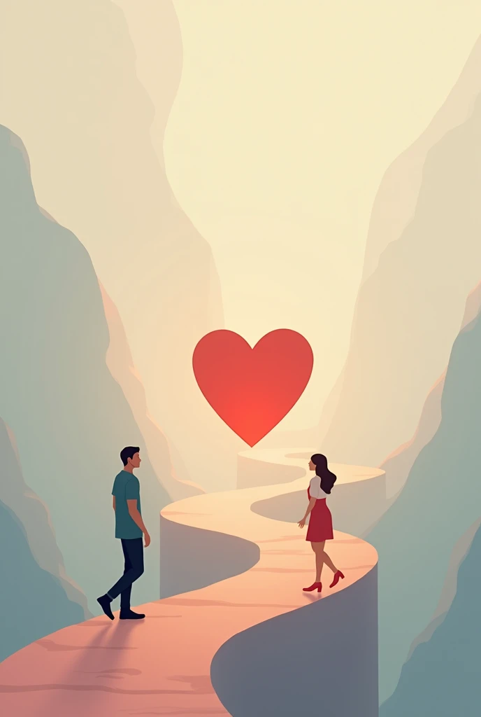  An animated image that two dark paths 
 a man on one side and a woman on the other and in the middle a heart that represents It's about growing together, overcoming trauma and errors ."