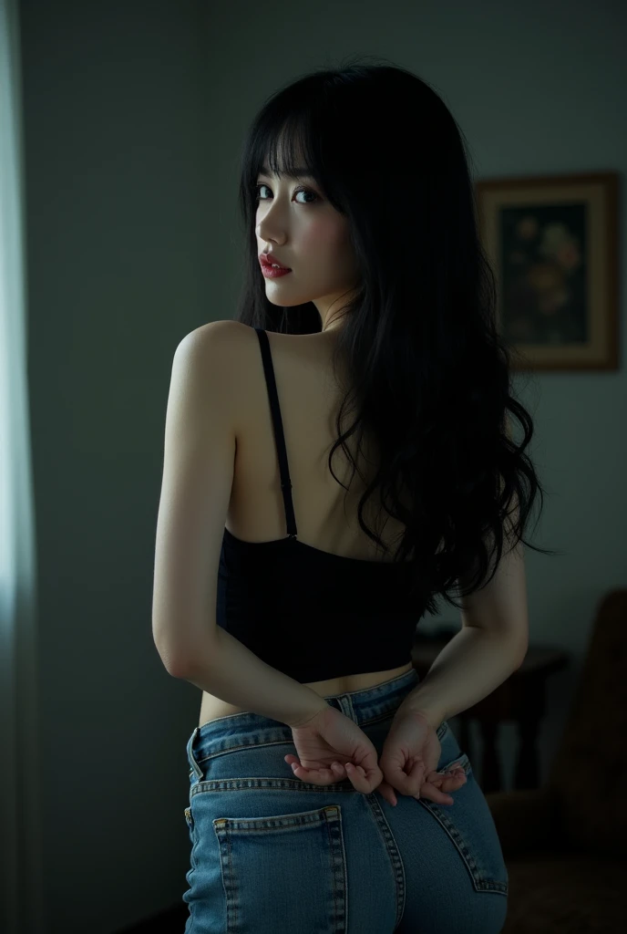 asian, real photo, A captivating Japanese girl, beautiful cute, High-quality Realistic, arms behind back, big boobs 1.5, High-quality Realistic, 38DDD sized, arms behind back, night, long blunt bangs, dark, blue cutoff jeans, Woman, (emo, gothic, dark), da...