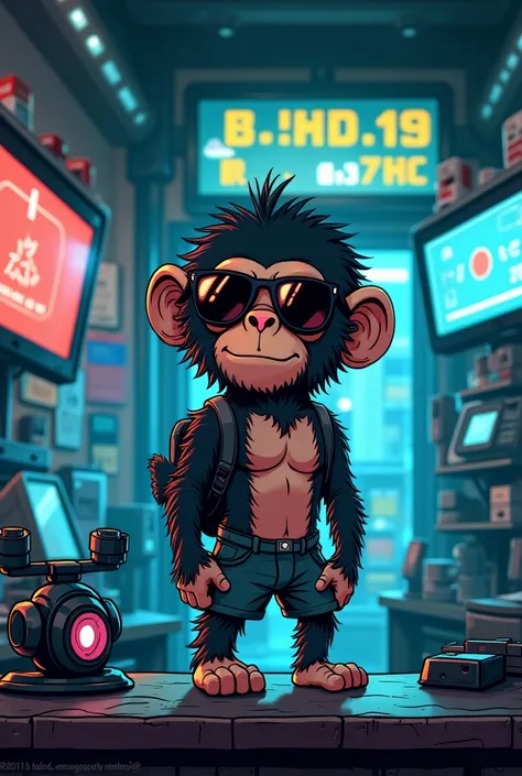  illustration of a small-sized baby chimpanzee in manga style,  in a clandestine tech store in an underground market . It's on the counter , seen from above,  style image wearing dark glasses, regatta, shorts e chinelos, with a backpack.  The store has fut...