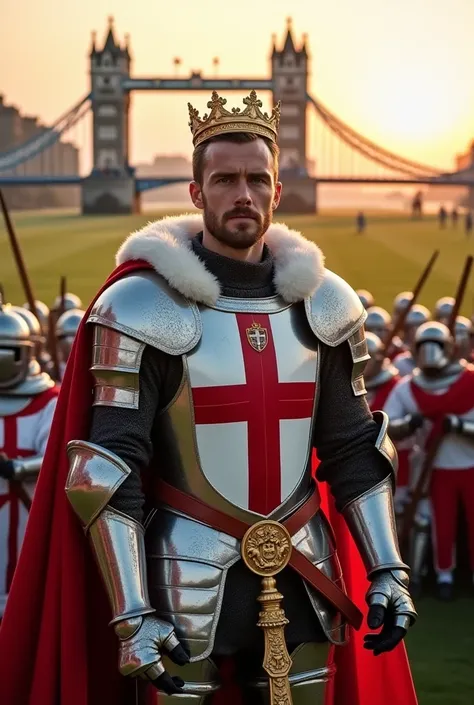 Harry Kane stands as the noble King of England, embodying leadership, strength, and pride. His clean-shaven face and piercing gaze reflect his calm determination and unwavering focus. He is dressed in regal armor, plated in shining silver with crimson acce...