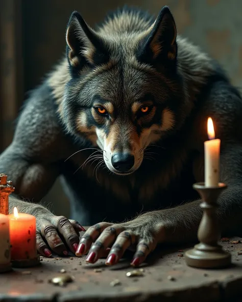 close up pixellate portrait photography of a stunningly eerie the wolverine with wolf head and strong man body, masculine cheekbones, gazing directly into the lens, her face taking center stage at a dimly lit, cluttered table, surrounded by mysterious, old...