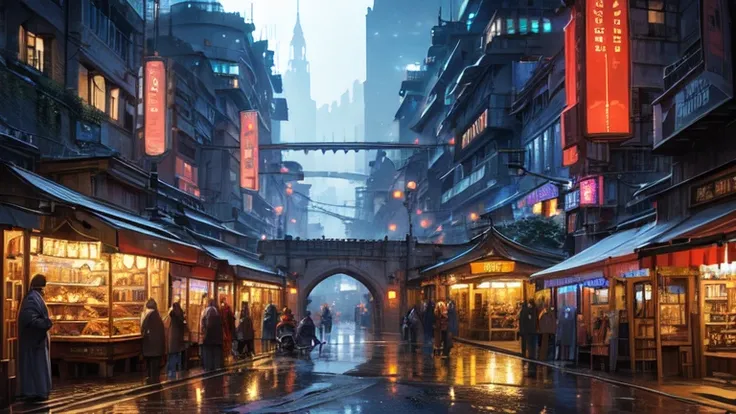 ((masterpiece)),((best quality)),((high detail)),((realistic,)) Futurist era city, deep gorges in the middle, architectural streets, bazaars, bridges, cyberpunk, European architecture, rainy night, neon, futuristic motorcycle