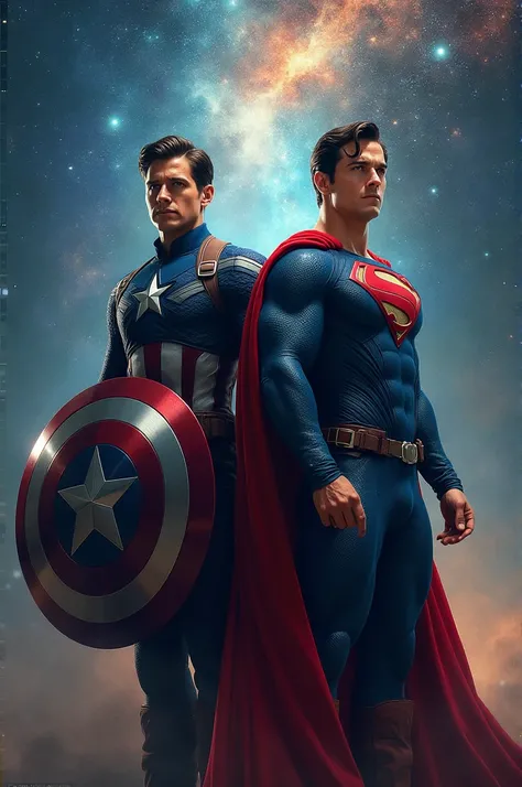 Make a high resolution image with better quality of Captain America handsome young adult holding his shield and behind his full-body stand-up handsome young adult Superman with his strong body against a background of galaxy and stars in hyper realistic sty...