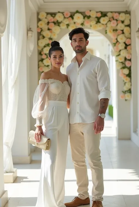  A couple looking forward 
She is a white-skinned European woman wearing a translucent white fabric blouse with a high collar and long sleeves,  all studded with pearls and on top an elegant strapless jumpsuit with structured fabric ,  with pants consistin...