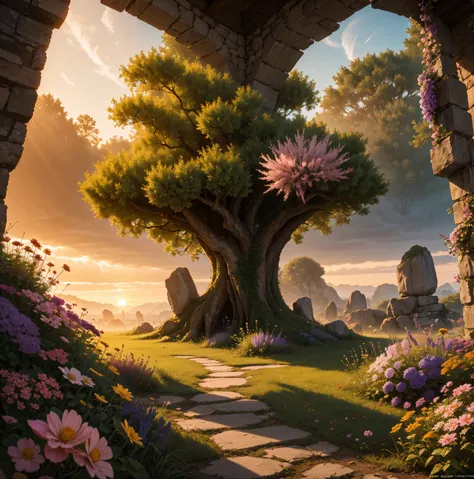 art by Felix Philipp Kanitz, landscape of a Lothlórien and Reiwa Era Pots with flowers, Absurd and Eerie, masterpiece, at Sunset, Energetic, back-light, ornate