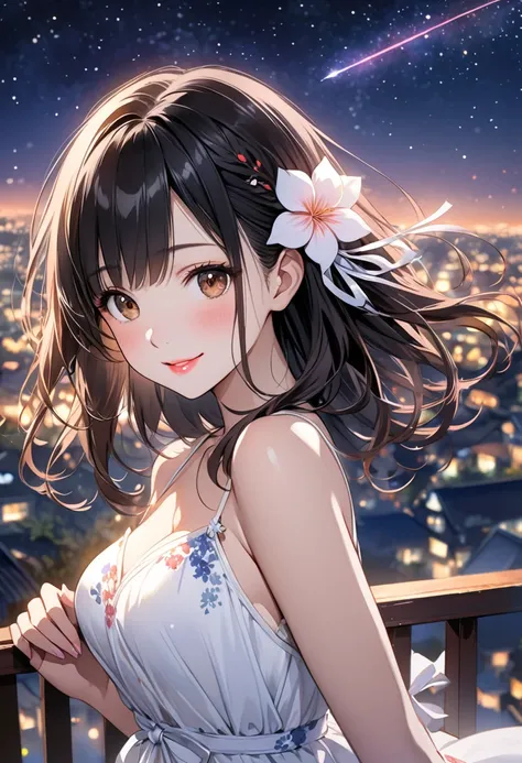  intense watercolor、 young Japanese woman 、white dress with bright flower pattern、 black hair、 beautiful brown eyes 、 pink lips、Cute Face、 moderate breasts at night、 Very Beautiful 、 look at me and smile、Beautiful night view、 starry sky 、 shooting star、 hi...