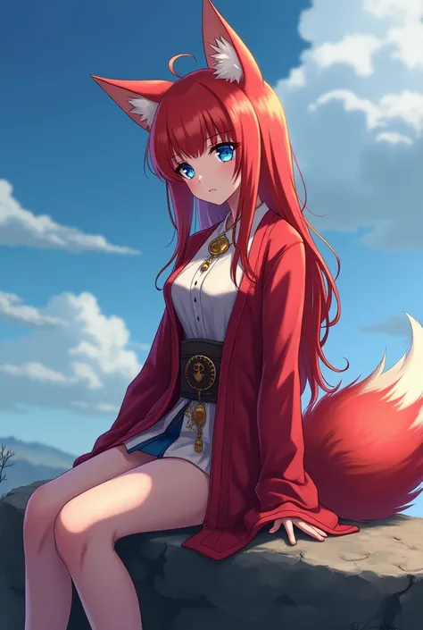 anime girl with red hair and blue eyes sitting on a rock, a digital painting by Kamagurka, pixiv contest winner, furry art, a beautiful fox lady, very very beautiful furry art, commission for high res, zerochan art, ((wearing aristocrat robe)), detailed fa...