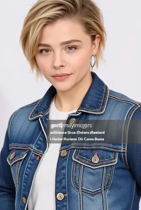 chloé ,short hair wearing a denim jacket with denim pants