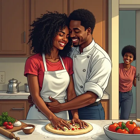 "Generate in a comic book style an image of a cozy and romantic scene in a warm kitchen features a young Black couple in their twenties sharing an intimate moment while preparing pizza dough together.

At the center of the image, the young woman, with neck...