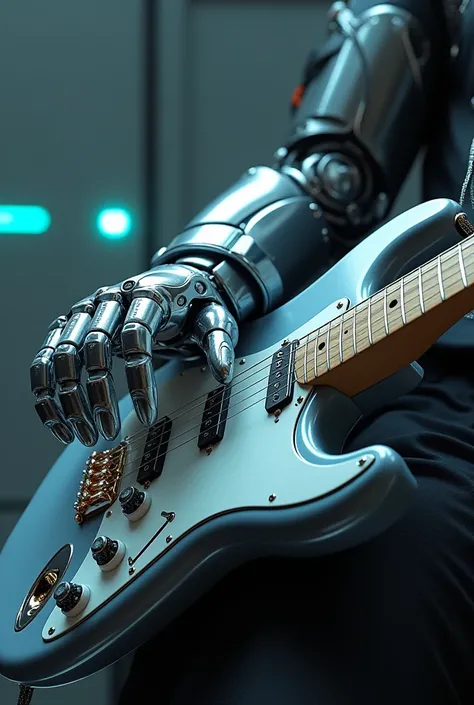 A futuristic hand playing the strings of a futuristic guitar.