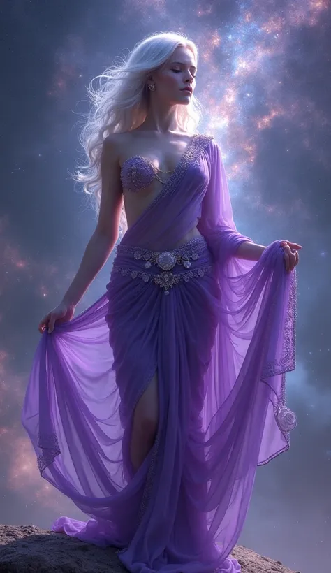 purple sexy saree,see through drape, revealing saree, midriff exposed, pale skin, cosmic goddess