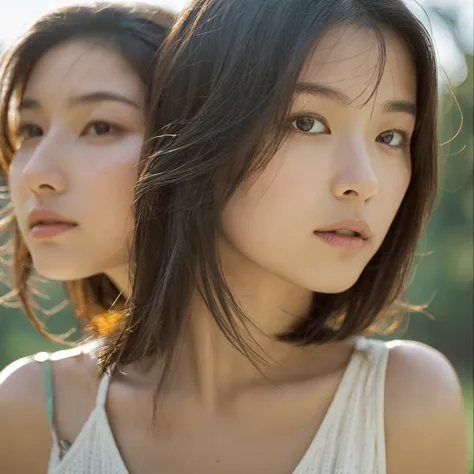 A hyper-realistic image of a single Japanese woman in her early 20s, captured with the nostalgic warmth and subtle graininess of a film camera. Her skin has a warm beige tone with a natural, slightly rough texture that includes visible pores, fine lines, a...