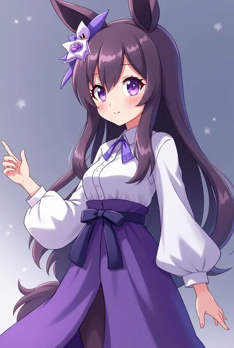 a close up of a person in a costume with a white and purple shirt, lunar themed attire, dressed with long fluent clothes, anime vtuber full body model, fursona wearing stylish clothes, single character full body, anime stile, dressed with fluent clothes, f...