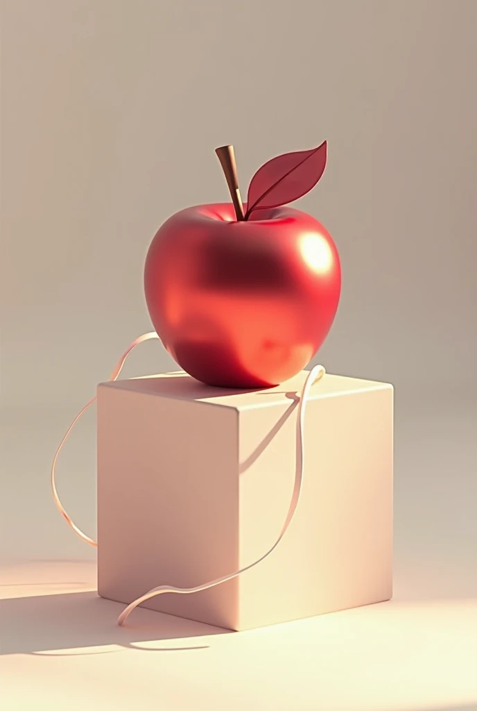 A shiny apple on a ,  pedestal with a shadow that looks like a snake.