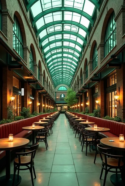 Food court in a shopping mall , spacious and with random spaces between tables, dark, without windows, with brick walls,  with a place where lunch is served ,  circular dark wood tables and chairs in the same color as the tables with a slight variation in ...