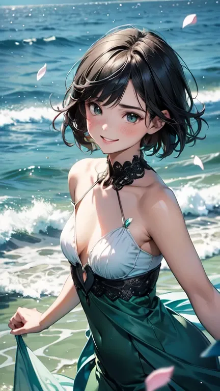 One beautiful and delicate portrait of a playful cute girl with short boyish hair, black hair, emerald green sea, mischievous smile, dancing petals, (top quality, masterpiece, ultra-realistic) and petals floating in the background