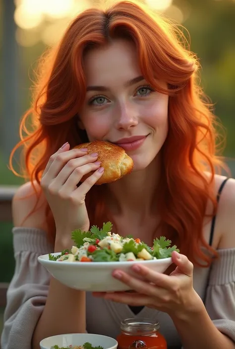 Realistic redhead slavic girl eating mayonaise salad wiping with a fresh pastry roll late evining smiling