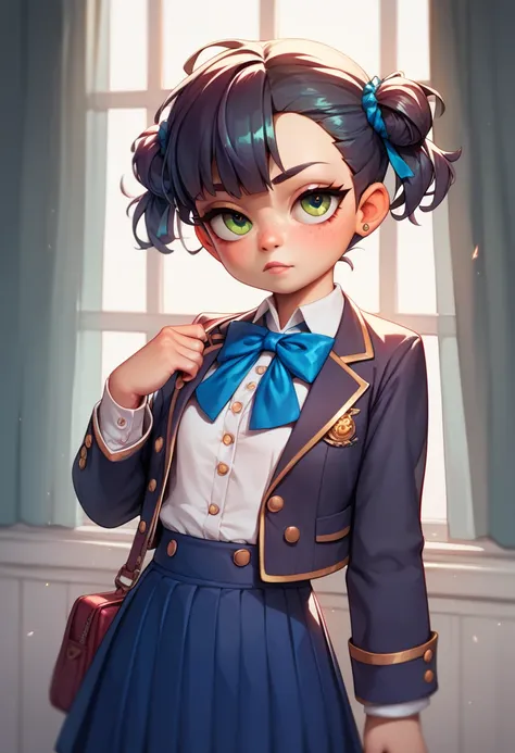 ( top quality , 8k, masterpiece), high school girl, loli, She has short, slightly messy dark hair and vibrant green eyes. She wears a white blouse with a blue ribbon, a dark blazer with gold buttons, and a light blue skirt.