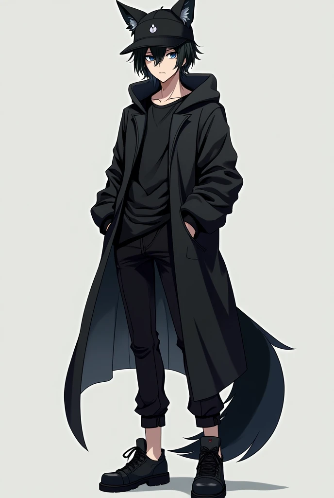 Attractive tall anime boy, Black hair,black wolf ears, gray eyes,black cap, black jacket ,Black T-shirt,black gloves , black pants, black shoes, black wolf tail