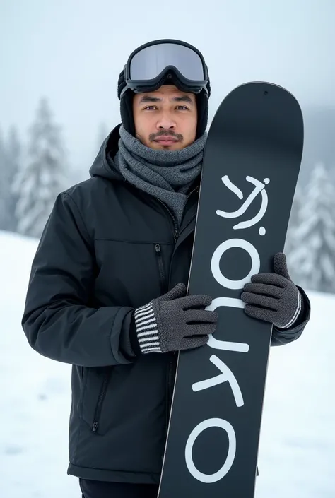 "realistic photo. A handsome 40 year old Indonesian man facing the camera, mandarin cut hair, height 195 centimeters, weight 92 kilograms, is standing in a snowy area in the mountains, wearing a black winter jacket, black trousers and a gray scarf. He hold...